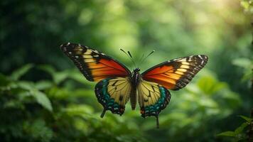 naturaleza antecedentes con un hermosa volador mariposa con verde bosque ai generativo foto