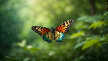 Nature background with a beautiful flying butterfly with green forest AI Generative photo