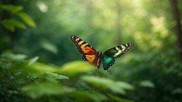 naturaleza antecedentes con un hermosa volador mariposa con verde bosque ai generativo foto