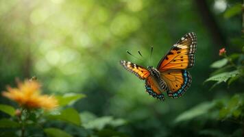 Nature background with a beautiful flying butterfly with green forest AI Generative photo