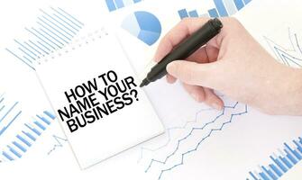 Businessman holding a black marker, notepad with text HOW TO NAME YOUR BUISINESS, business concept photo