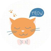 Children's illustration of an orange cute cat with a bow. Hand dawn and doodle style. Vector illustration