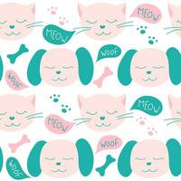 Seamless pattern of cats and dogs drawn by hand. Doodle style. Paw marks, bone and phrases. Vector illustration