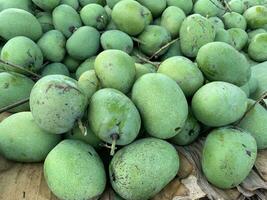 A pile of mangoes that are still fresh because they have just been harvested from the tree photo