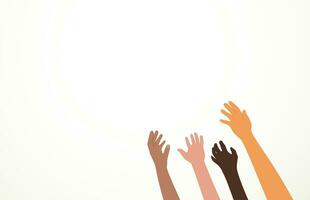 Human hands of different nationalities reach up to what they want. Vector illustration.