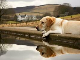 Dog and its reflection in a calm pond AI Generative photo