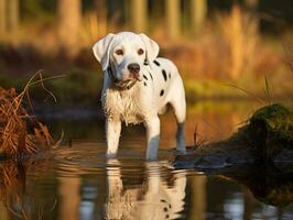 Dog and its reflection in a calm pond AI Generative photo