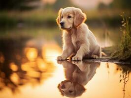 Dog and its reflection in a calm pond AI Generative photo