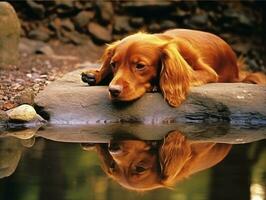 Dog and its reflection in a calm pond AI Generative photo