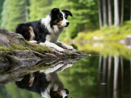 Dog and its reflection in a calm pond AI Generative photo
