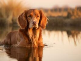 perro y sus reflexión en un calma estanque ai generativo foto