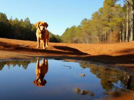 Dog and its reflection in a calm pond AI Generative photo