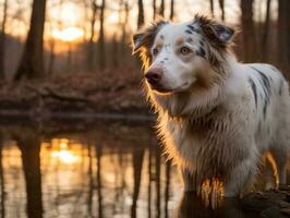 Dog and its reflection in a calm pond AI Generative photo