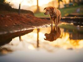 Dog and its reflection in a calm pond AI Generative photo