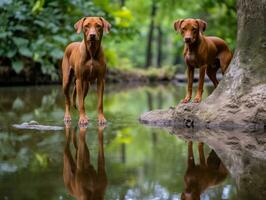 perro y sus reflexión en un calma estanque ai generativo foto