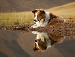 Dog and its reflection in a calm pond AI Generative photo