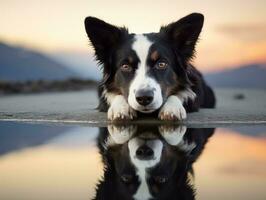 perro y sus reflexión en un calma estanque ai generativo foto