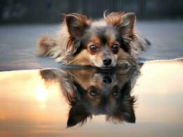 Dog and its reflection in a calm pond AI Generative photo