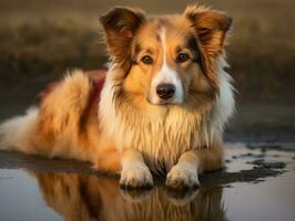 Dog and its reflection in a calm pond AI Generative photo