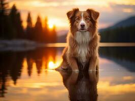 Dog and its reflection in a calm pond AI Generative photo