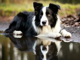 Dog and its reflection in a calm pond AI Generative photo