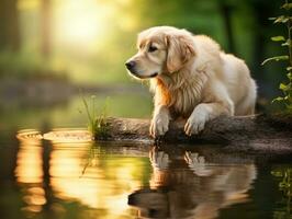 Dog and its reflection in a calm pond AI Generative photo