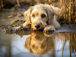 Dog and its reflection in a calm pond AI Generative photo