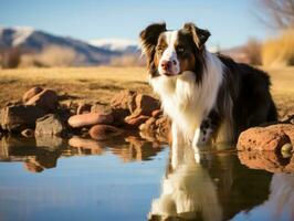 perro y sus reflexión en un calma estanque ai generativo foto