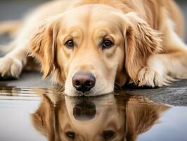 Dog and its reflection in a calm pond AI Generative photo