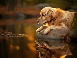 Dog and its reflection in a calm pond AI Generative photo