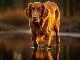 Dog and its reflection in a calm pond AI Generative photo