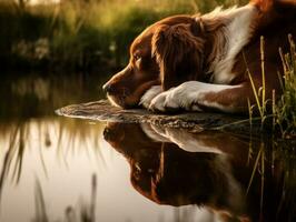 Dog and its reflection in a calm pond AI Generative photo