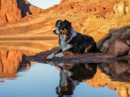 Dog and its reflection in a calm pond AI Generative photo