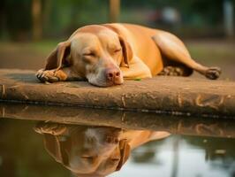 Dog and its reflection in a calm pond AI Generative photo