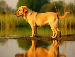 Dog and its reflection in a calm pond AI Generative photo