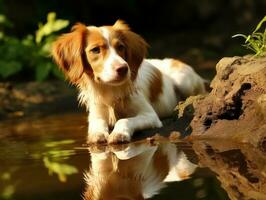 perro y sus reflexión en un calma estanque ai generativo foto