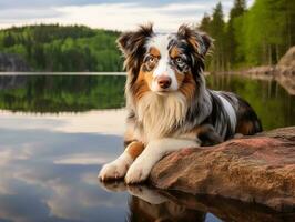 Dog and its reflection in a calm pond AI Generative photo
