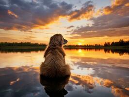 Dog and its reflection in a calm pond AI Generative photo