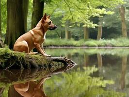 perro y sus reflexión en un calma estanque ai generativo foto