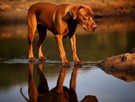 perro y sus reflexión en un calma estanque ai generativo foto