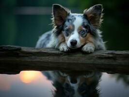 Dog and its reflection in a calm pond AI Generative photo
