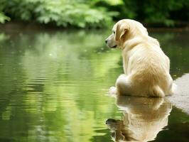 Dog and its reflection in a calm pond AI Generative photo