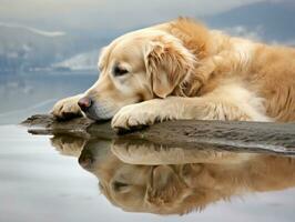 Dog and its reflection in a calm pond AI Generative photo