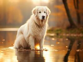 Dog and its reflection in a calm pond AI Generative photo