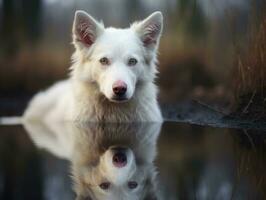 Dog and its reflection in a calm pond AI Generative photo