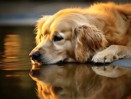 Dog and its reflection in a calm pond AI Generative photo