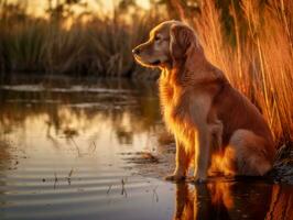 Dog and its reflection in a calm pond AI Generative photo