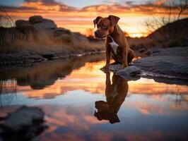 Dog and its reflection in a calm pond AI Generative photo