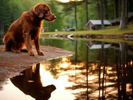 Dog and its reflection in a calm pond AI Generative photo