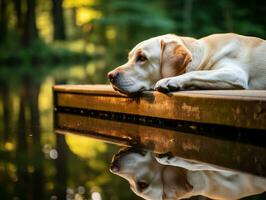 Dog and its reflection in a calm pond AI Generative photo